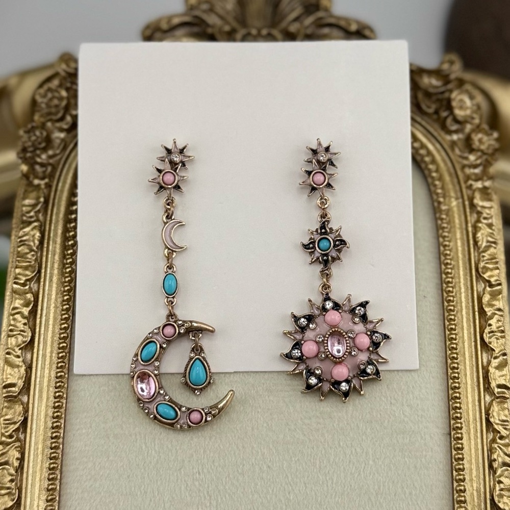 Asymmetric Moon & Sun Drop Earrings – Pink & Turquoise Crystals - Picture 3 of 7